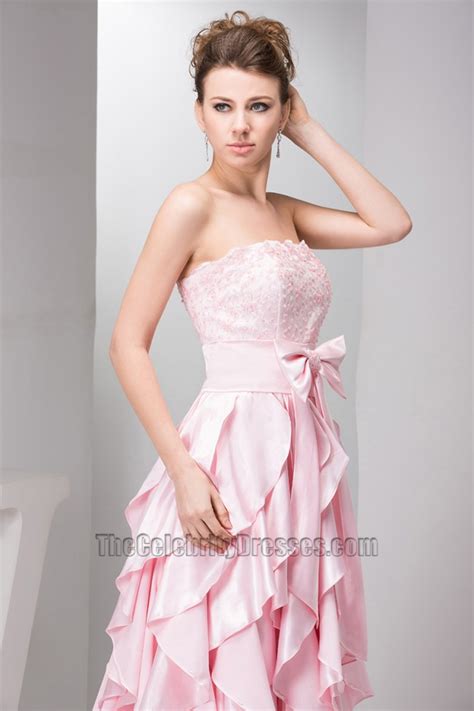 Pink Ruffles Strapless A Line Prom Dress Evening Gown Thecelebritydresses