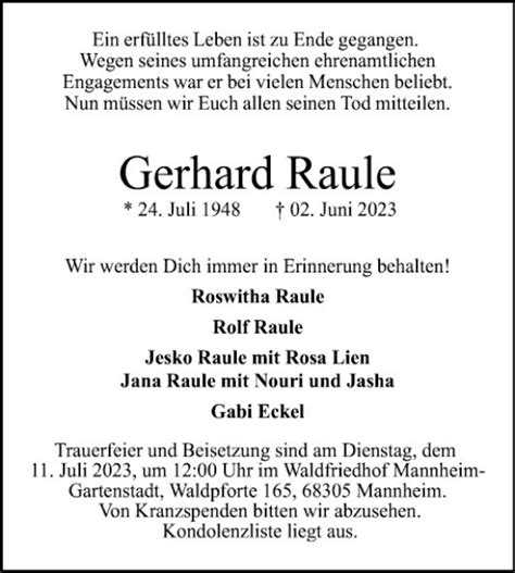 Traueranzeigen Von Gerhard Raule Trauerportal Ihrer Tageszeitung