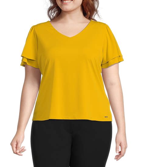 Calvin Klein Plus Size Matte Jersey V Neck Short Double Flutter Sleeve