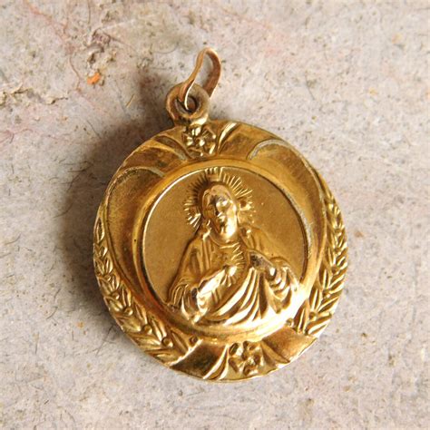 Vintage Gold Plated Sacred Heart Religious Medal Catholic Medal Double