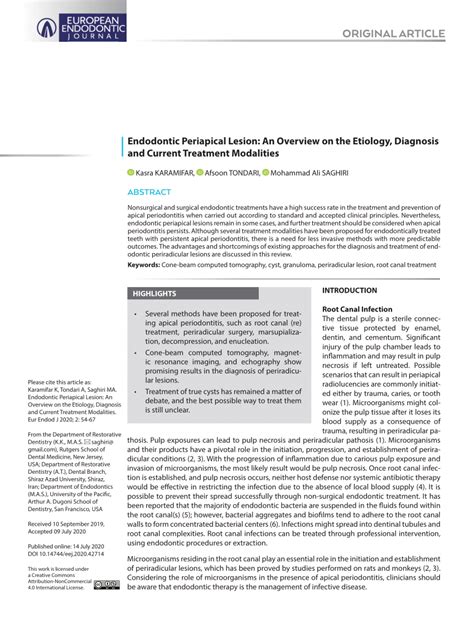 (PDF) Endodontic Periapical Lesion: An Overview on Etiology, Diagnosis and Current Treatment ...