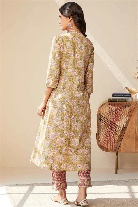 Buy Yellow Hand Block Printed Angrakha Cotton Kurta For Women Fgmk