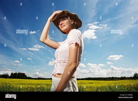 Beautiful Woman In Cowboy Hat Stock Photo Alamy