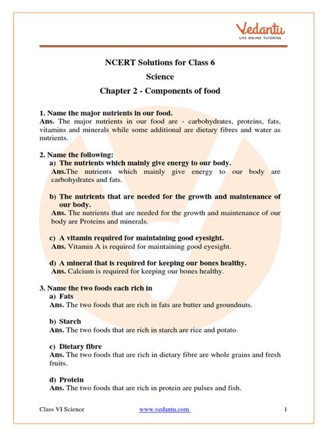 Ncert Solutions For Class 6 Science Chapter 2 Components Of Food