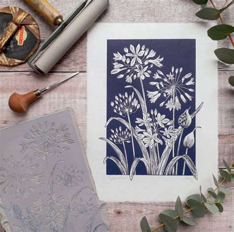 Agapanthus Flowers Linoprint Hand Pulled Botanical Print On Japanese