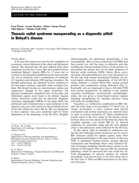 Pdf Thoracic Outlet Syndrome Masquerading As A Diagnostic Pitfall In