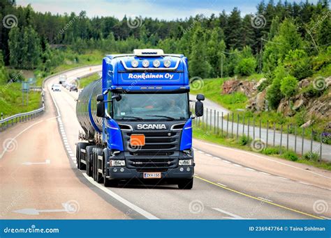 Blue Scania Tanker Truck Delivers Load Editorial Stock Image Image Of