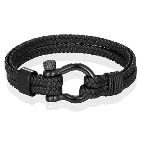 Nautische Heren Armband Leer Edelstaal Zwart 19cm Bol