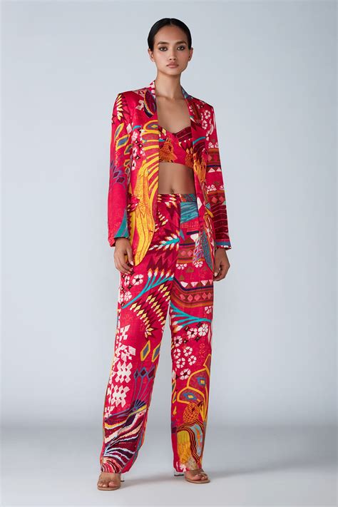 Buy Pink Satin Printed Abstract Bird Notched Lapel Blazer For Women By