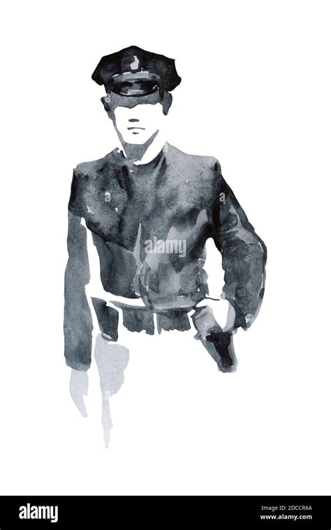 Abstract Watercolor Sketch Of Police Officer In Award Simple Black And