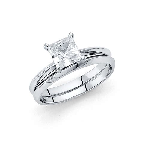 Solid 14k White Gold Square Cubic Zirconia Cz Solitaire Wedding Band And Engagement Bridal Ring