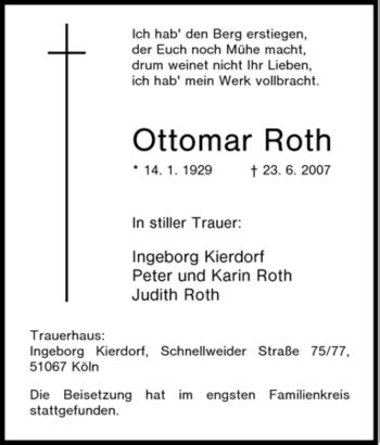 Traueranzeigen Von Ottomar Roth Trauer In NRW De