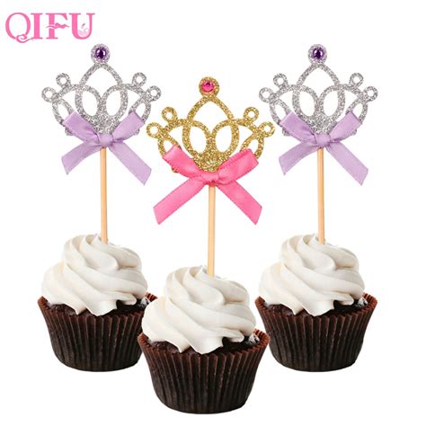 Qifu 10pcs Gold Crown Cake Toppers Silver Glitter Cupcake Toppers