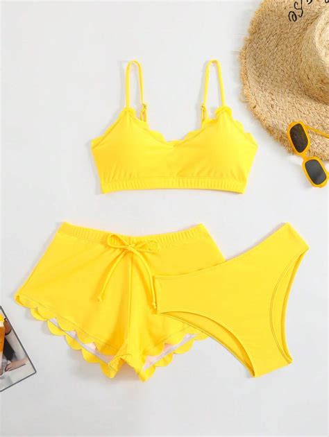 SHEIN Swim Women S 3 Piece Summer Beach Solid Color Sexy Bikini Set