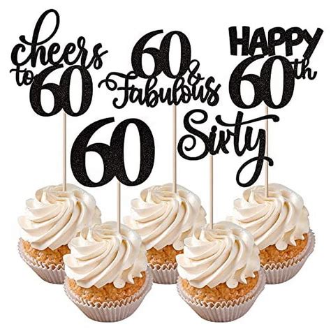 Rsstarxi 30 Pack Happy 60th Birthday Cupcake Toppers Black Glitter