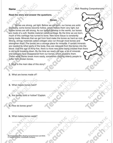 Bones Reading Comprehension Passage With Questions Printable Texts