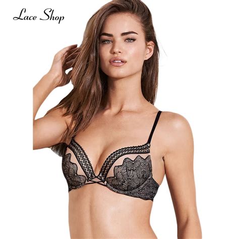 Laceshop Floral Black Lace Bra Women Push Up Underwire Patchwork Adjutable Strap Bralettes