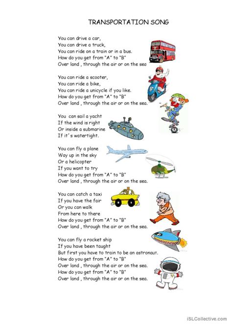 Transportation Song Video Or Movi English Esl Worksheets Pdf Doc