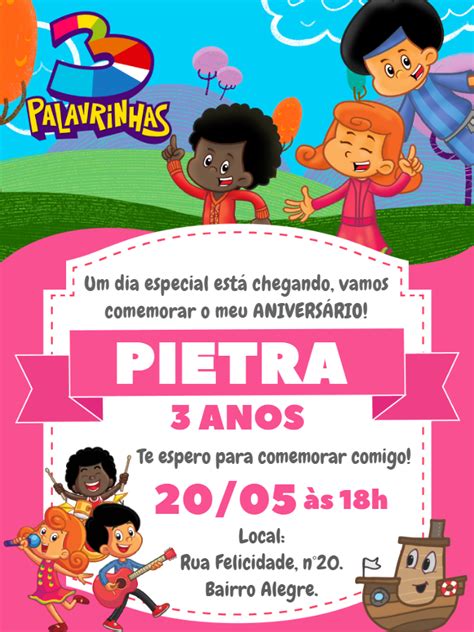 Convite Aniversário Três palavrinhas rosa menina Edite grátis