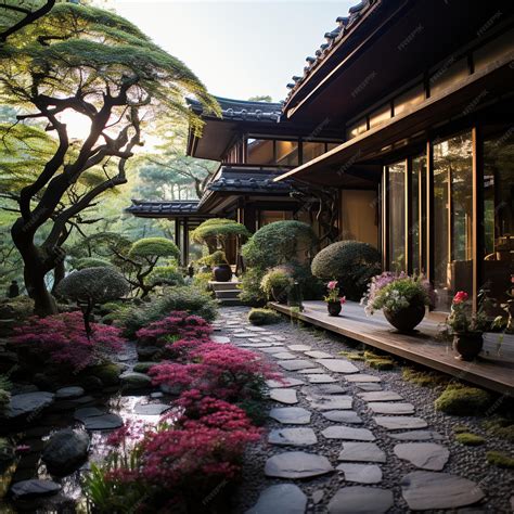 Premium AI Image | Japanese garden with a traditional house