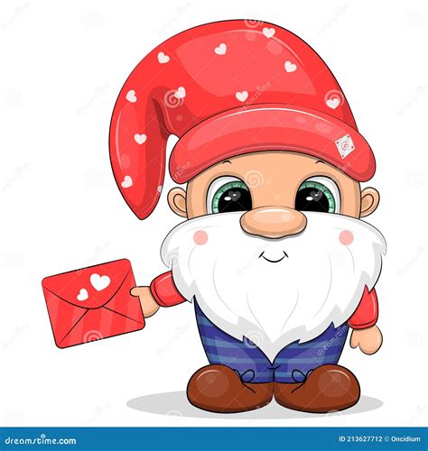 Cute Cartoon Gnome In Red Hat Holds Red Letter With Hearts Stock