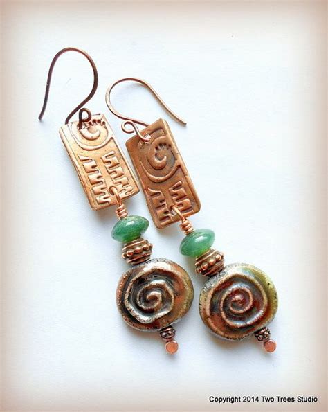 Double Spiral Artisan Raku Lampwork And Handcrafted Copper Earrings