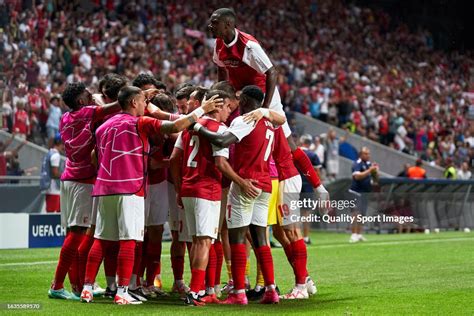 Abel Ruiz Of Sc Braga Celebrates With His Team Mates After Scoring