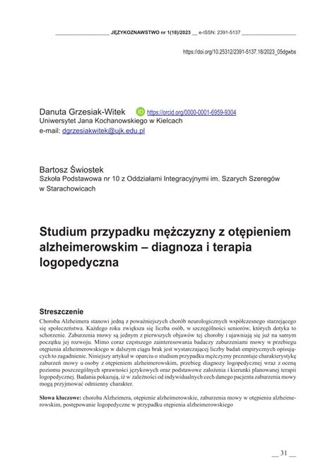 Pdf Studium Przypadku M Czyzny Z Ot Pieniem Alzheimerowskim