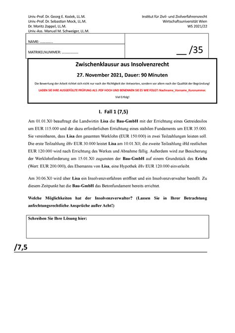 ZK WS 2021 Zwischenklausur Insolvenzrecht mit teilweise Lösungen