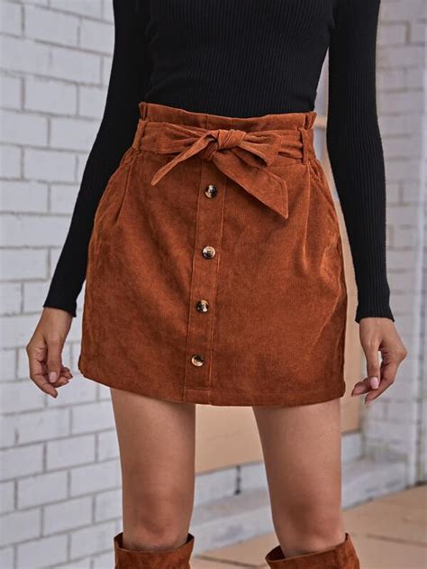 SHEIN Paperbag Waist Buttoned Front Cord Skirt SHEIN USA