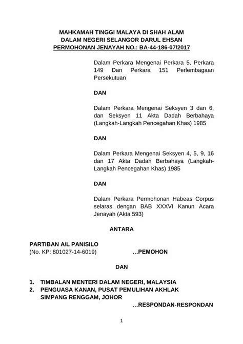 Pdf Mahkamah Tinggi Malaya Di Shah Alam Dalam Negeri Dan Seksyen