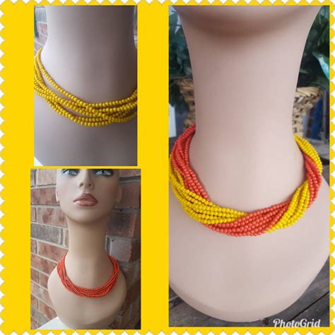 Vintage Multistrand Necklace Twist Bead Necklace Orange Beaded Necklace Yellow Beaded Necklace