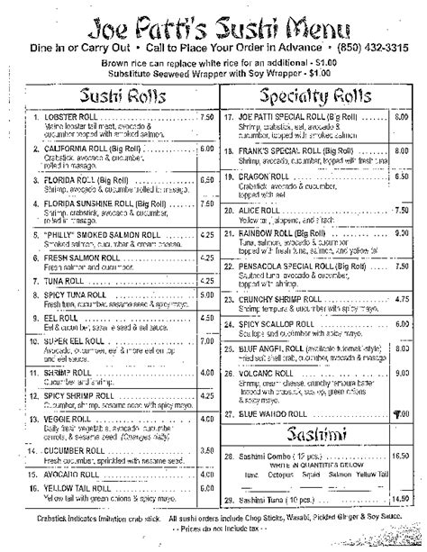 Menu at Joe Patti's Seafood restaurant, Pensacola