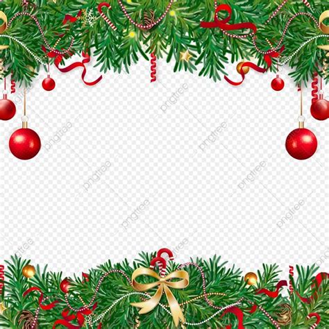 Christmas Tree Border With Red And Gold Baubles Bows And Ornaments On