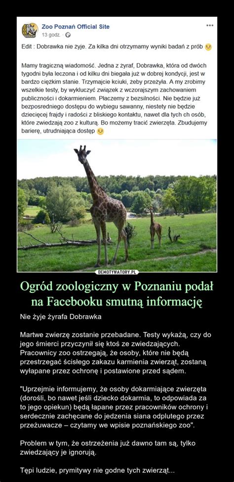 Ogród zoologiczny w Poznaniu podał na Facebooku smutną informację