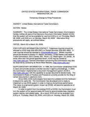 Fillable Online Usitc Temporary Change To Filing Procedures Fax Email