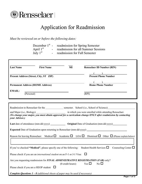 Rensselaer Application For Readmission Pdf Form Formspal