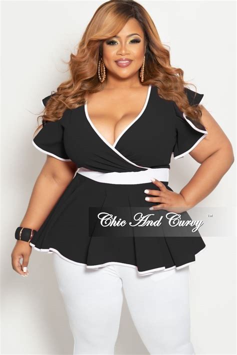 Final Sale Plus Size Faux Wrap Peplum Top With Flutter Sleeves In Black