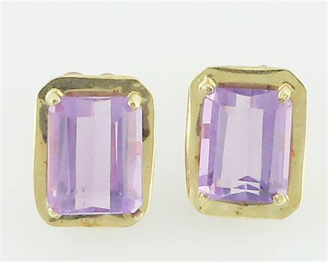 10K Gold Amethyst Earrings - 6 CT Amethyst Eighties Rectangular Stud ...