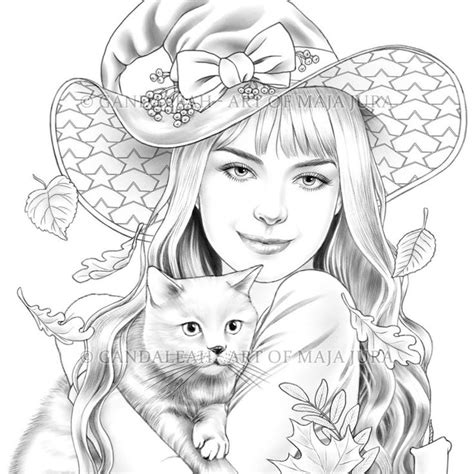 Witch Apprentice And Her Cat Grayscale Coloring Page For Etsy Witch