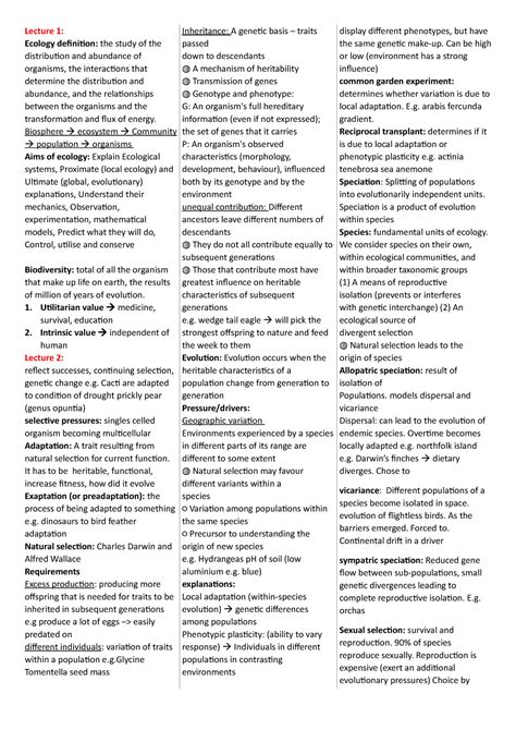 Ecology Cheat Sheet Lecture Ecology Definition The Study Of The