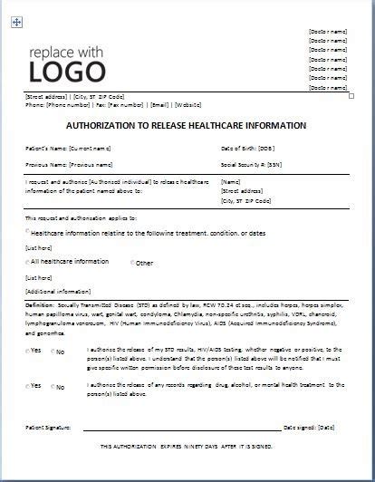 Authorization For Release Of Medical Information Template Prntbl