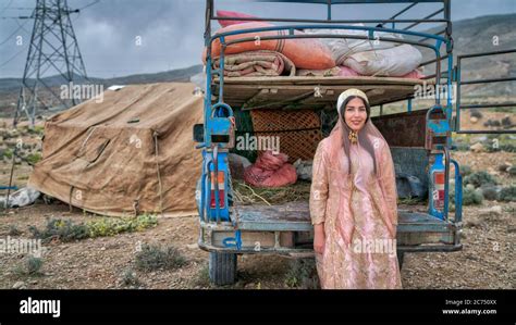 Shiraz Iran May Beautiful Qashqai Woman Sitting By An Old Car