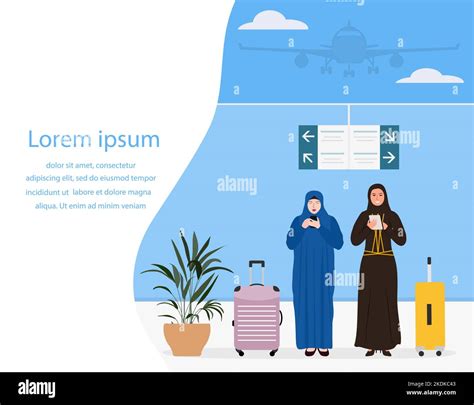 Vector Illustration Airport Muslim Women With Cell Phones Suitcases