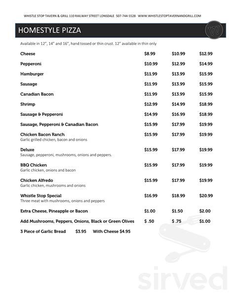 Whistle Stop Tavern Menu In Lonsdale Minnesota Usa