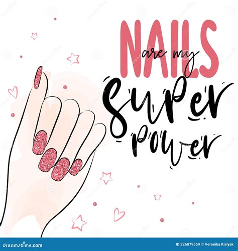 Vector Handwritten Lettering About Nails Hand With Pink Glitter Nails