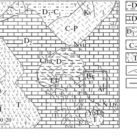 A schematic map of the distribution of different types of rocks and ...