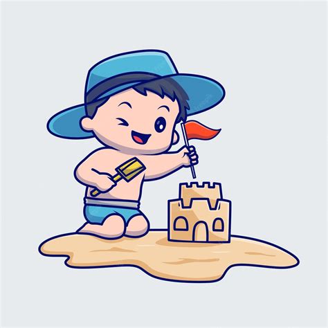 Premium Vector Cute Boy Playing Sand Castle In Beach Cartoon Vector