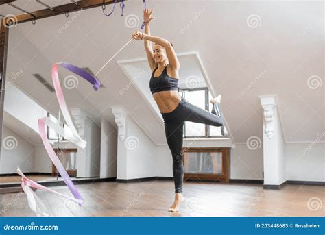 Woman Practising Rhythmic Gymnastics Indoors Stock Image Image Of