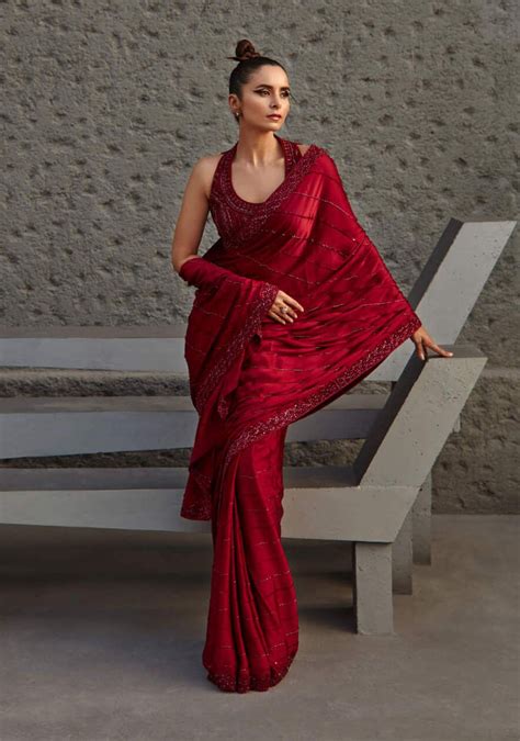 Wine Cocktail Saree With Blouse Saree Fashion Blouses For Women